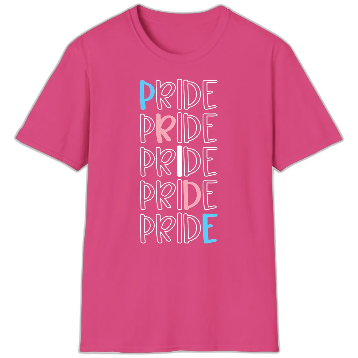 Pride Stacked Rainbow Text Design T-Shirt in Heliconia