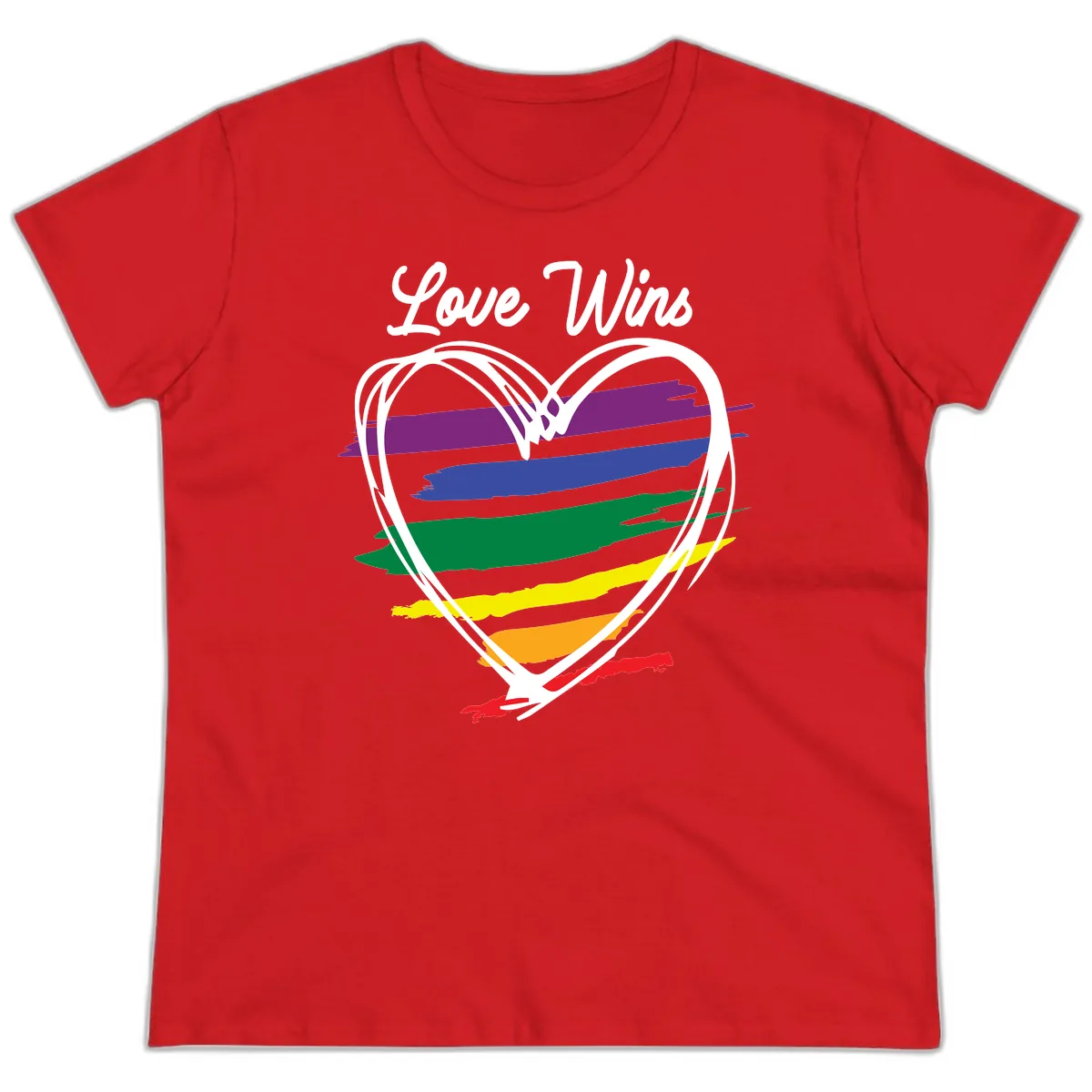 Love Wins Rainbow Heart Ladies Tee in Red