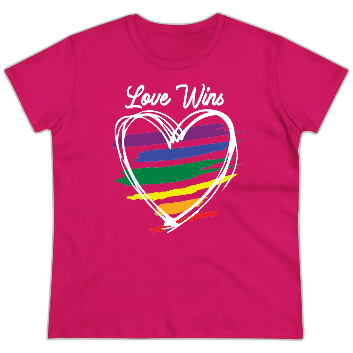 Love Wins Rainbow Heart Ladies Tee in Heliconia