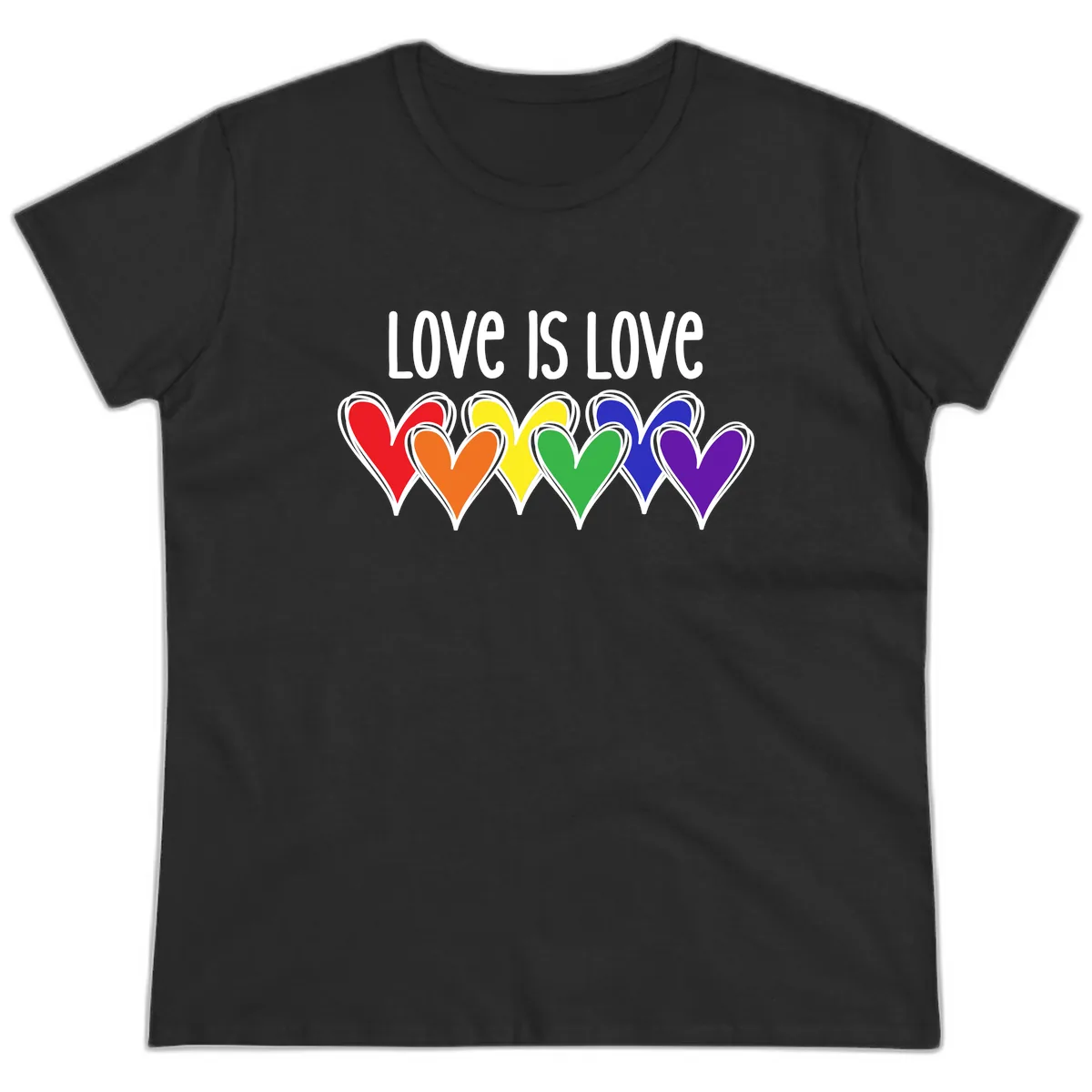 Love Is Love Rainbow Hearts Ladies Tee in Black
