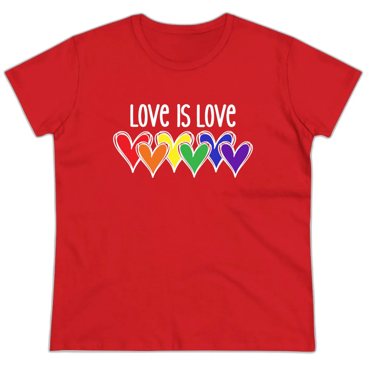 Love Is Love Rainbow Hearts Ladies Tee in Red