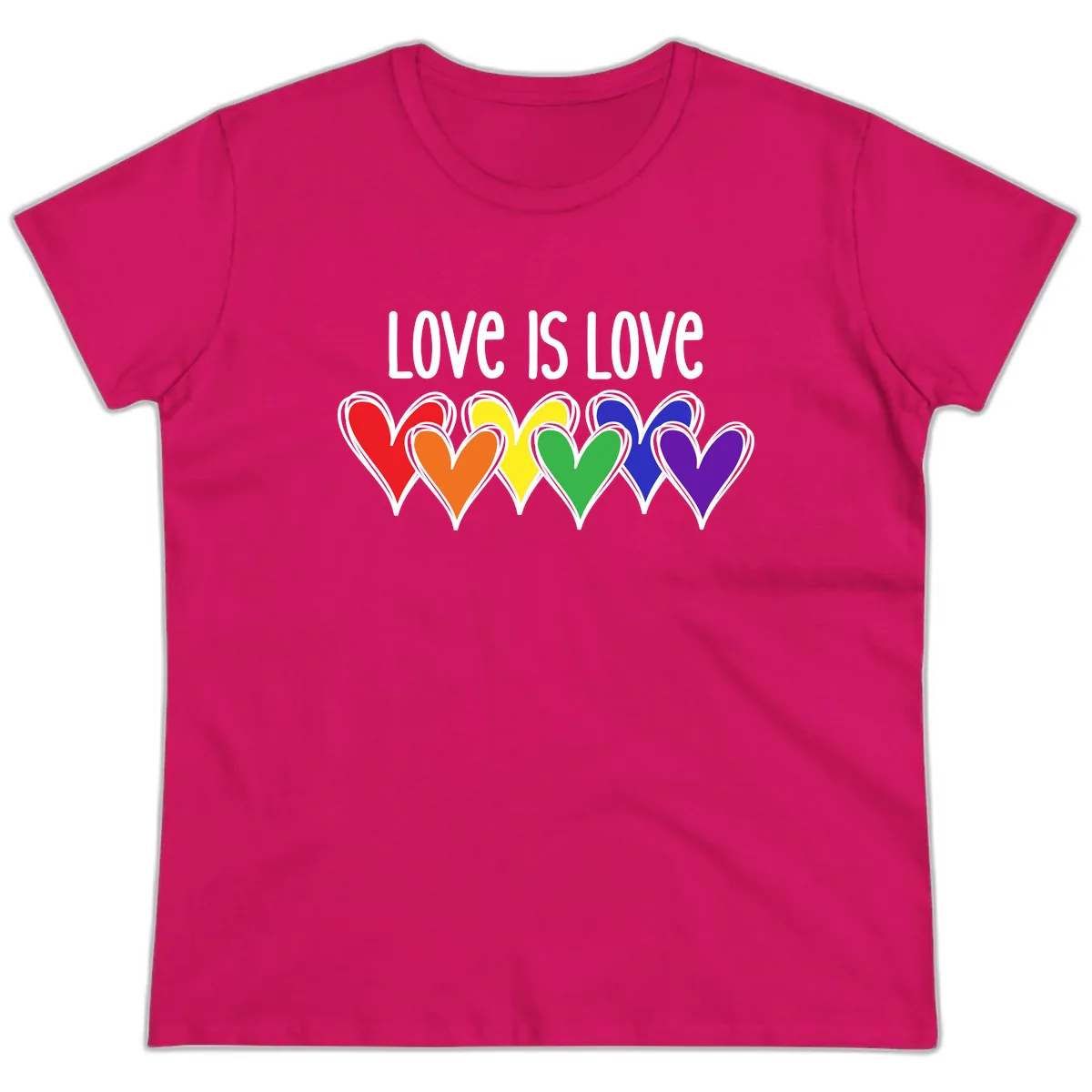 Love Is Love Rainbow Hearts Ladies Tee in Heliconia