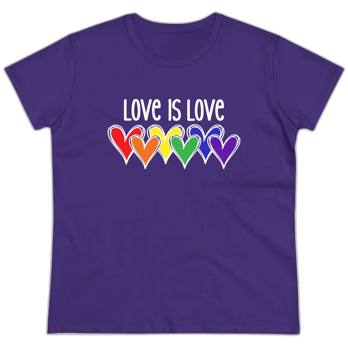 Love Is Love Rainbow Hearts Ladies Tee in Purple