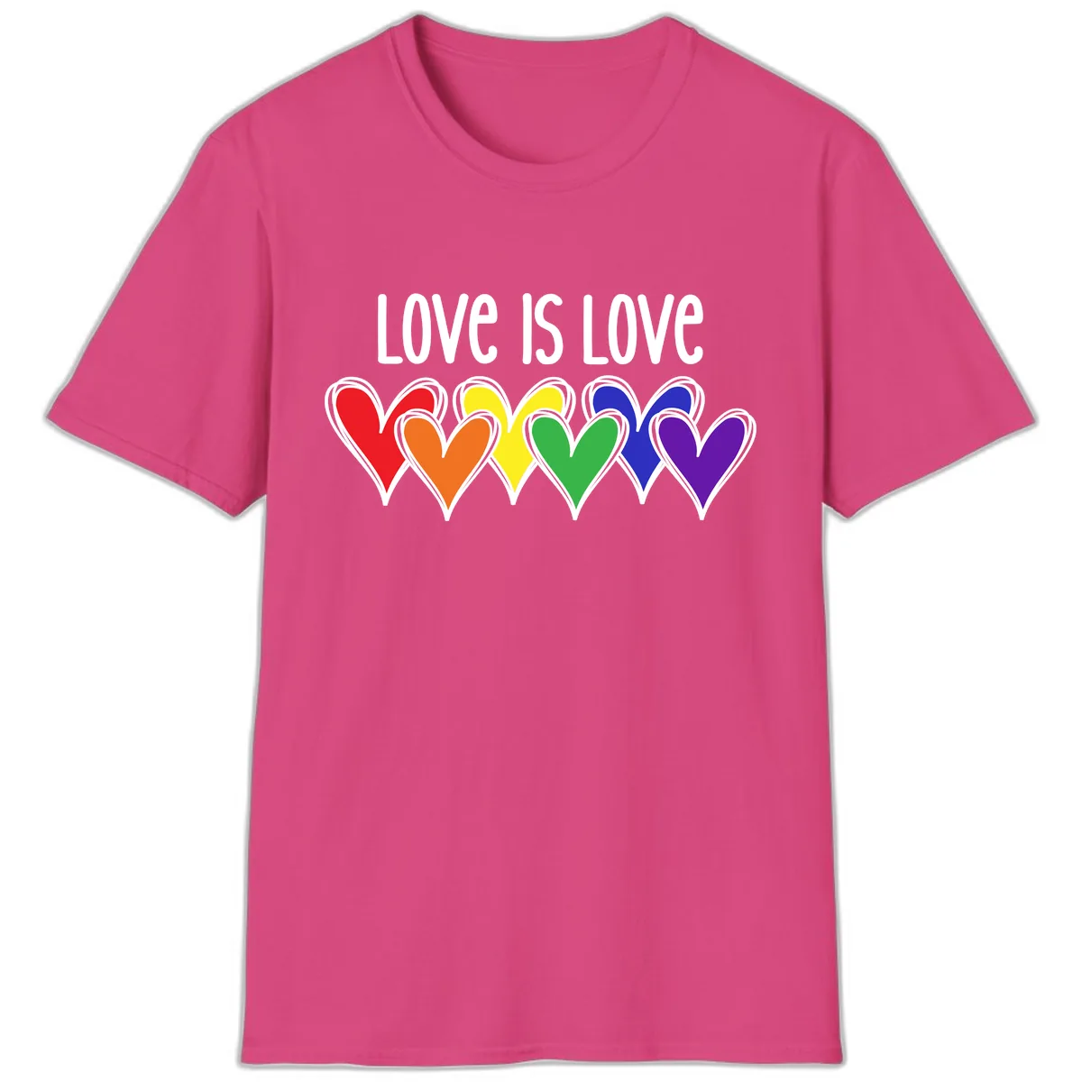 Love Is Love Rainbow Hearts T-Shirt in Heliconia