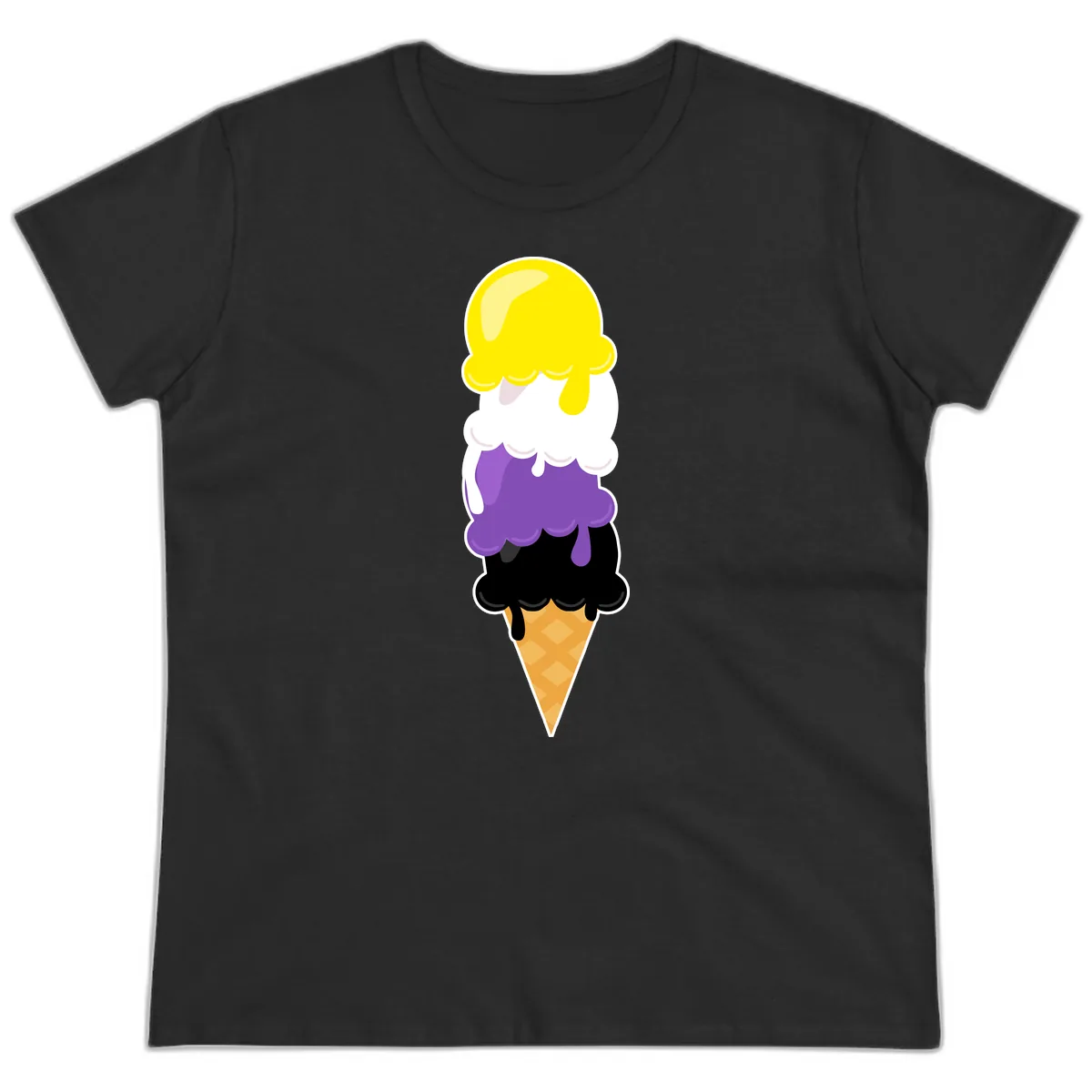 Rainbow Drip Ice Cream Stack Ladies Tee in Black