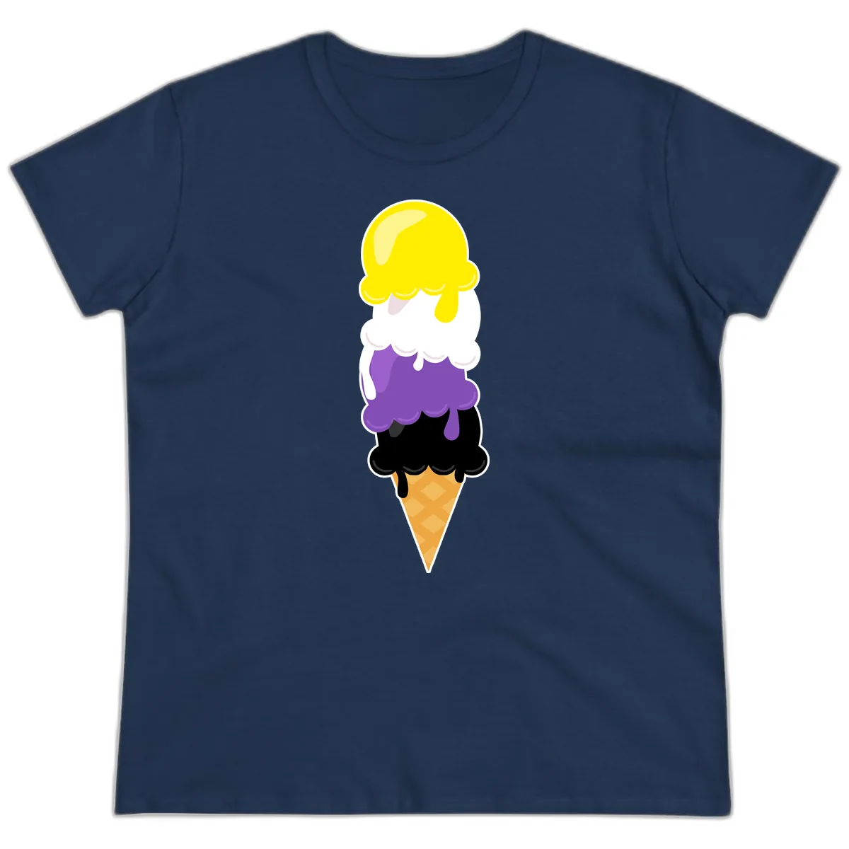 Rainbow Drip Ice Cream Stack Ladies Tee in Navy