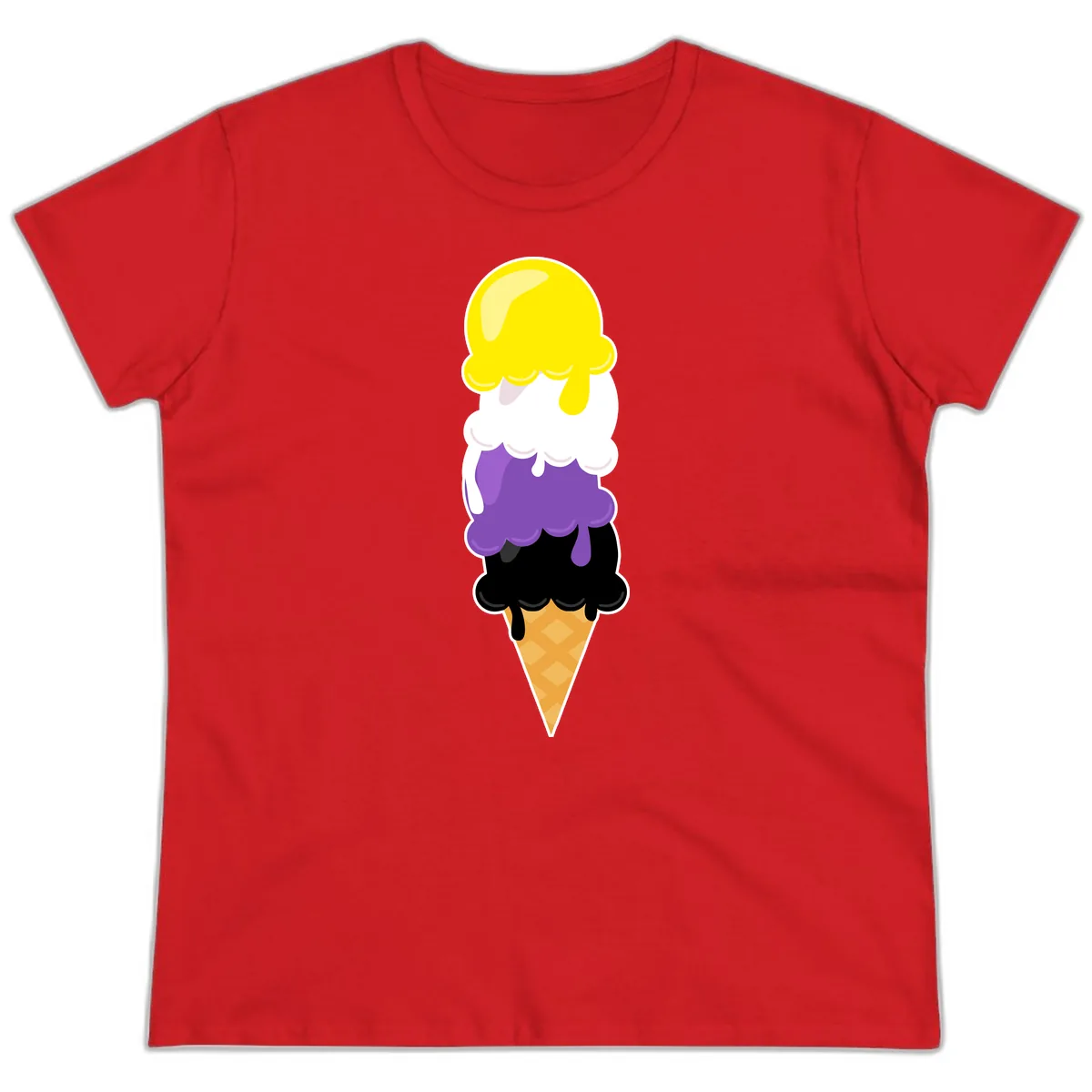 Rainbow Drip Ice Cream Stack Ladies Tee in Red