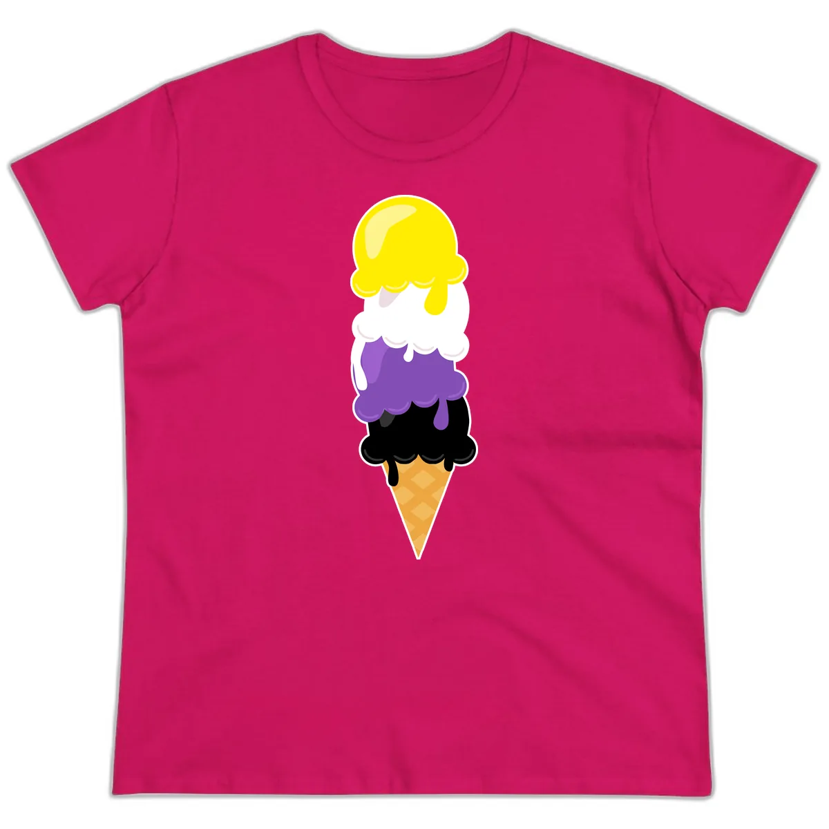 Rainbow Drip Ice Cream Stack Ladies Tee in Heliconia