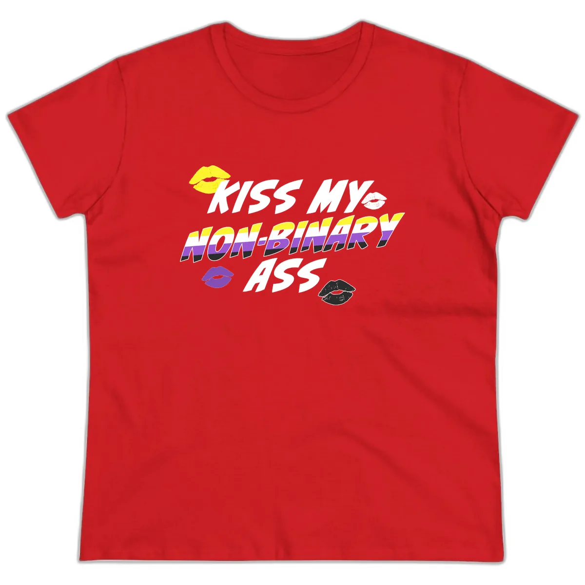 Kiss My Non-Binary Ass Ladies Tee in Red