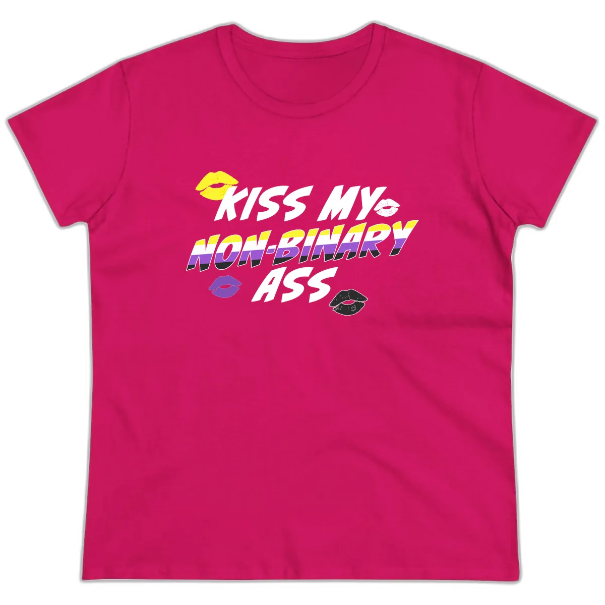 Kiss My Non-Binary Ass Ladies Tee in Heliconia