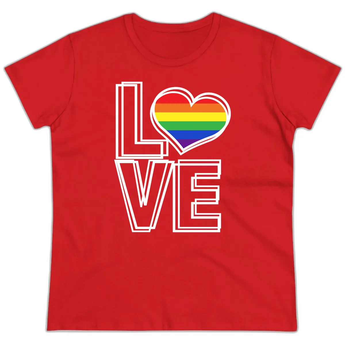 Love Is Love Rainbow Heart Ladies Tee in Red