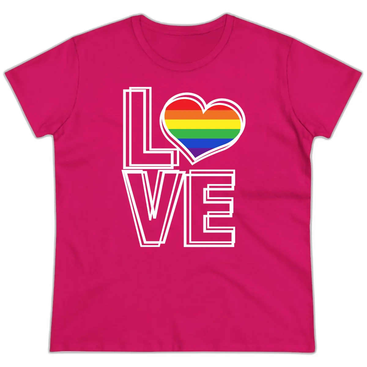 Love Is Love Rainbow Heart Ladies Tee in Heliconia