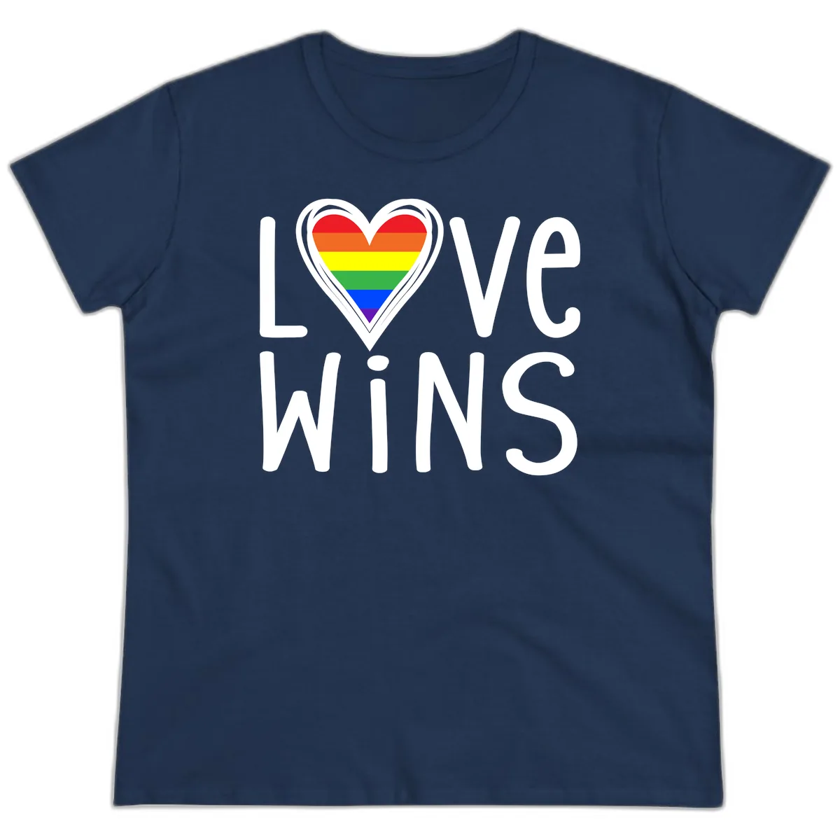 Love Wins Rainbow Heart Ladies Tee in Navy
