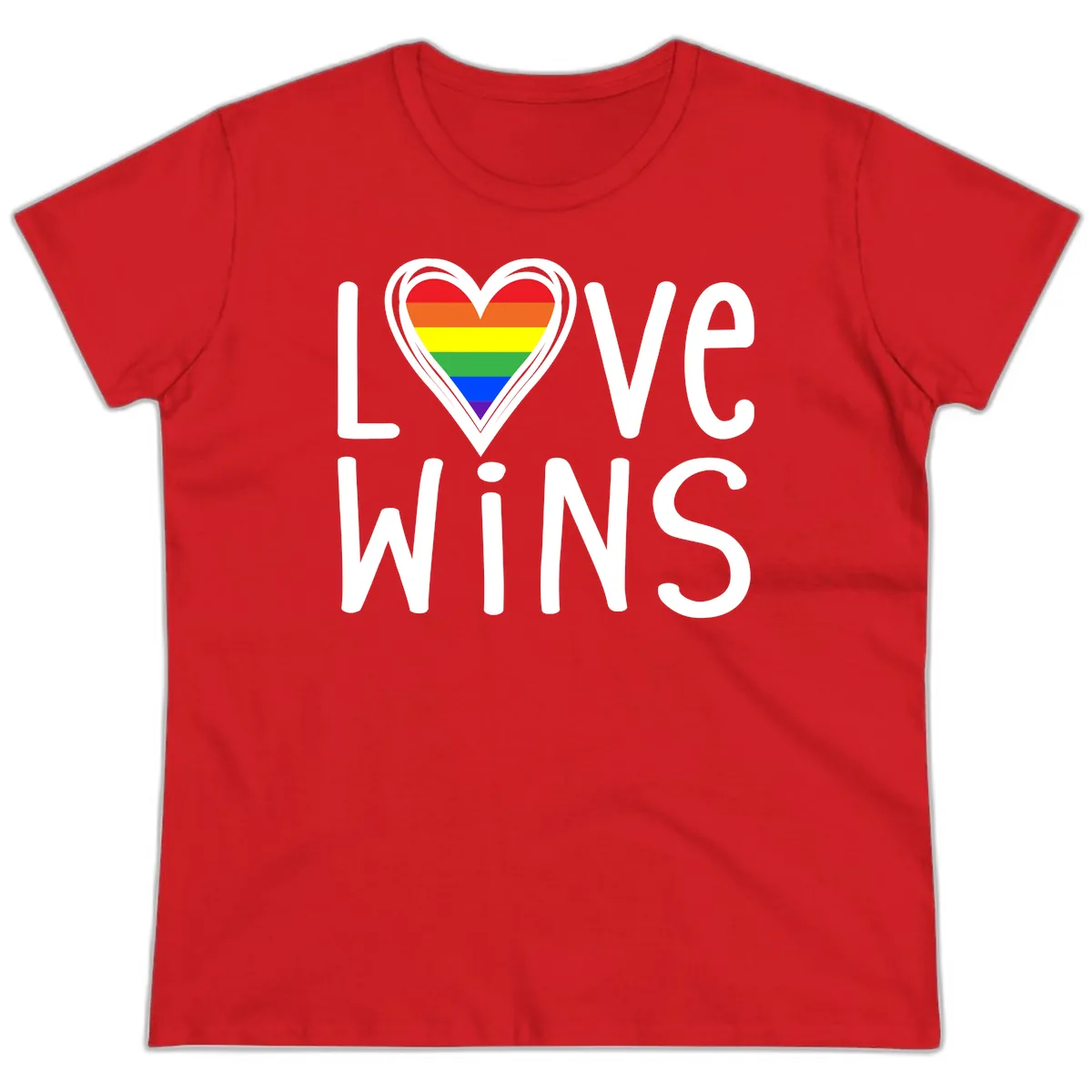 Love Wins Rainbow Heart Ladies Tee in Red