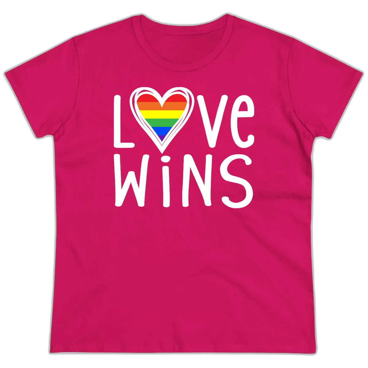 Love Wins Rainbow Heart Ladies Tee in Heliconia