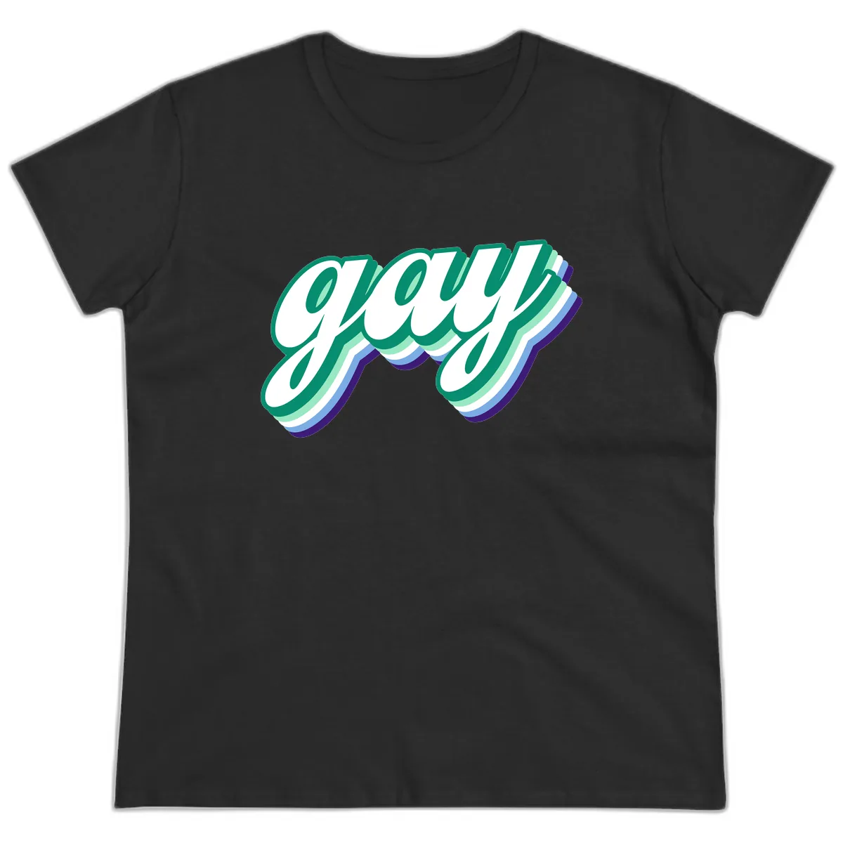 Gay Pride Layered Script Ladies Tee in Black