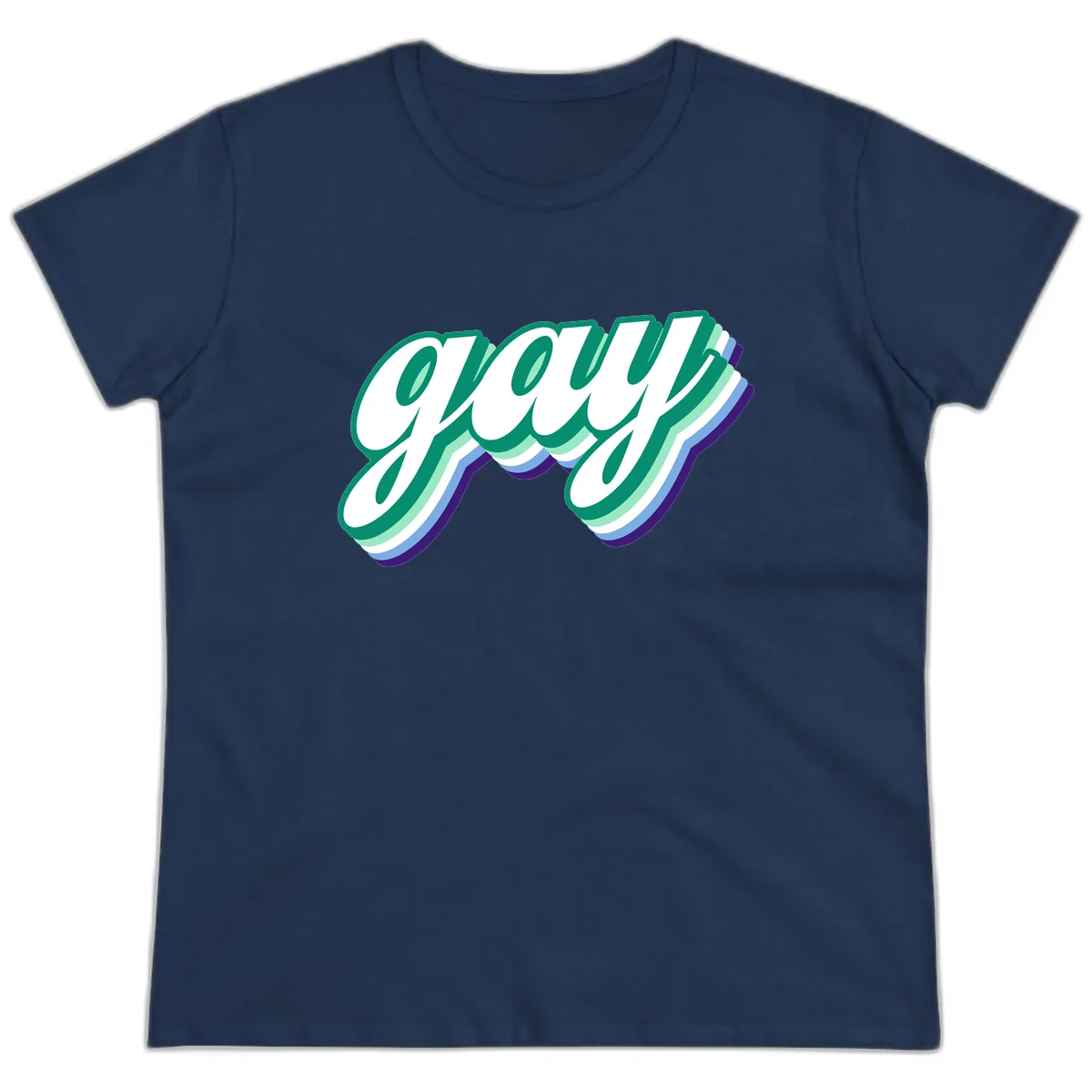 Gay Pride Layered Script Ladies Tee in Navy