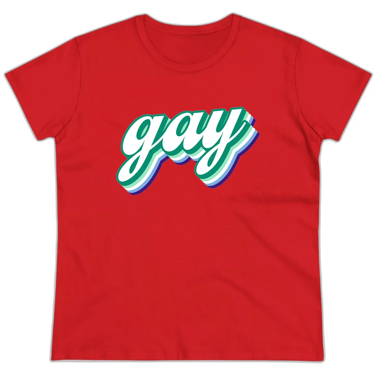 Gay Pride Layered Script Ladies Tee in Red