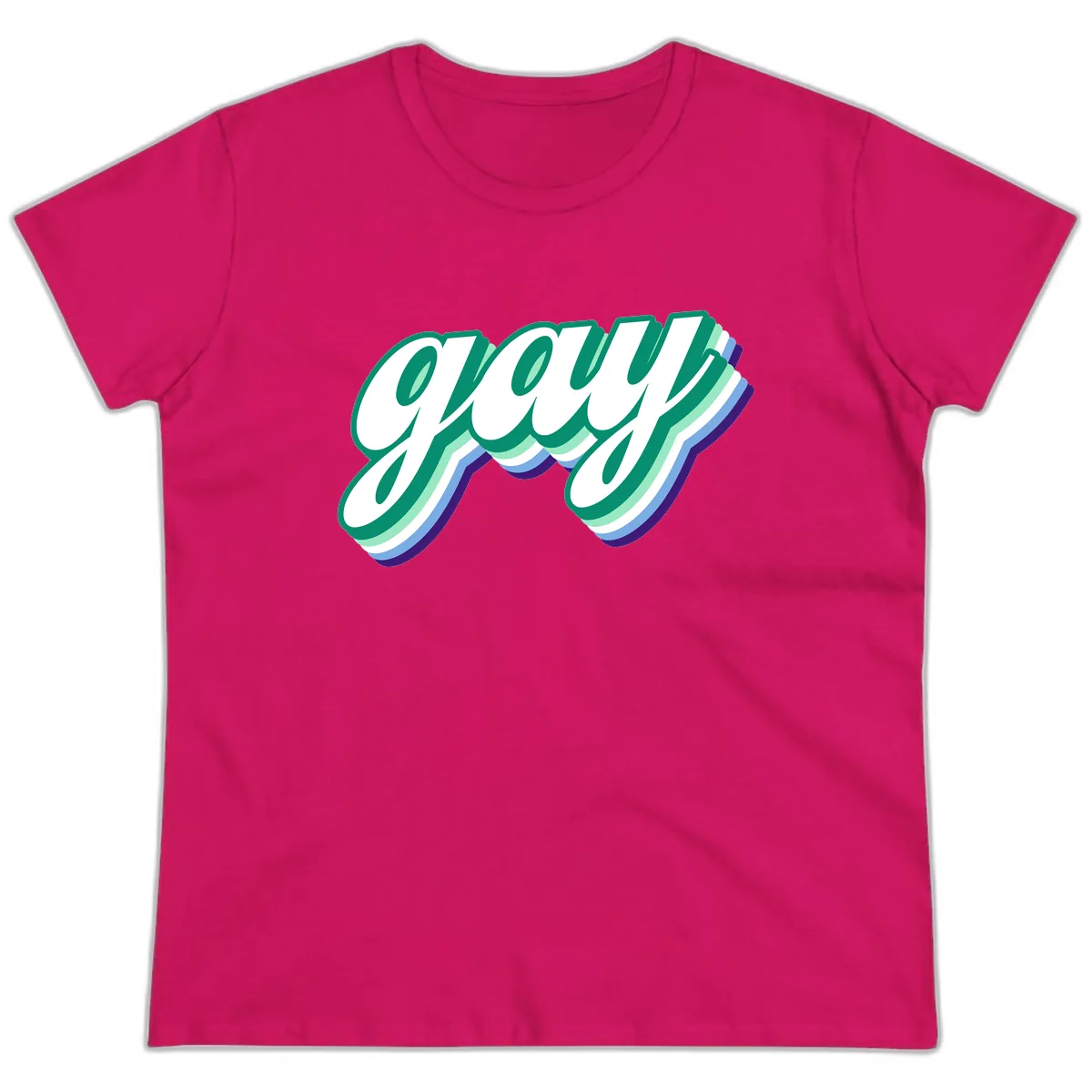 Gay Pride Layered Script Ladies Tee in Heliconia