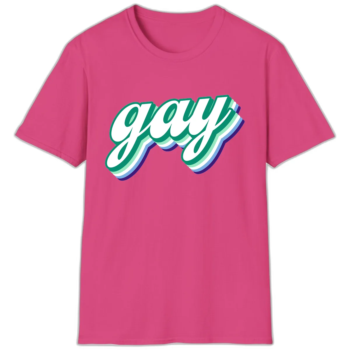 Gay Pride Layered Script T-Shirt in Heliconia