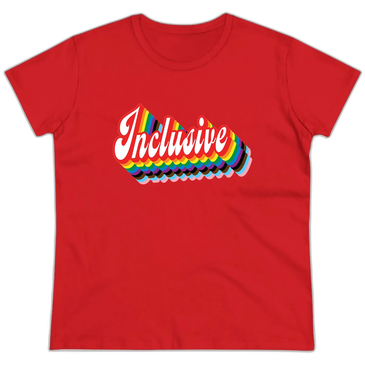 Inclusive Rainbow Pride Design Ladies Tee in Red