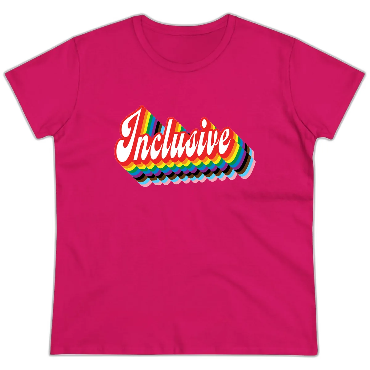 Inclusive Rainbow Pride Design Ladies Tee in Heliconia