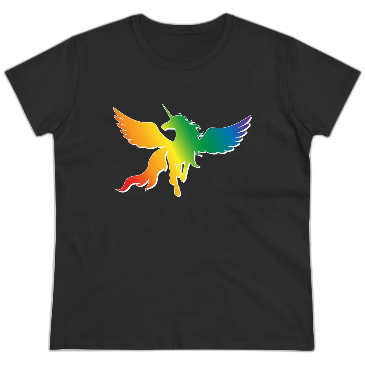 Rainbow Unicorn Pride Wings Ladies Tee in Black