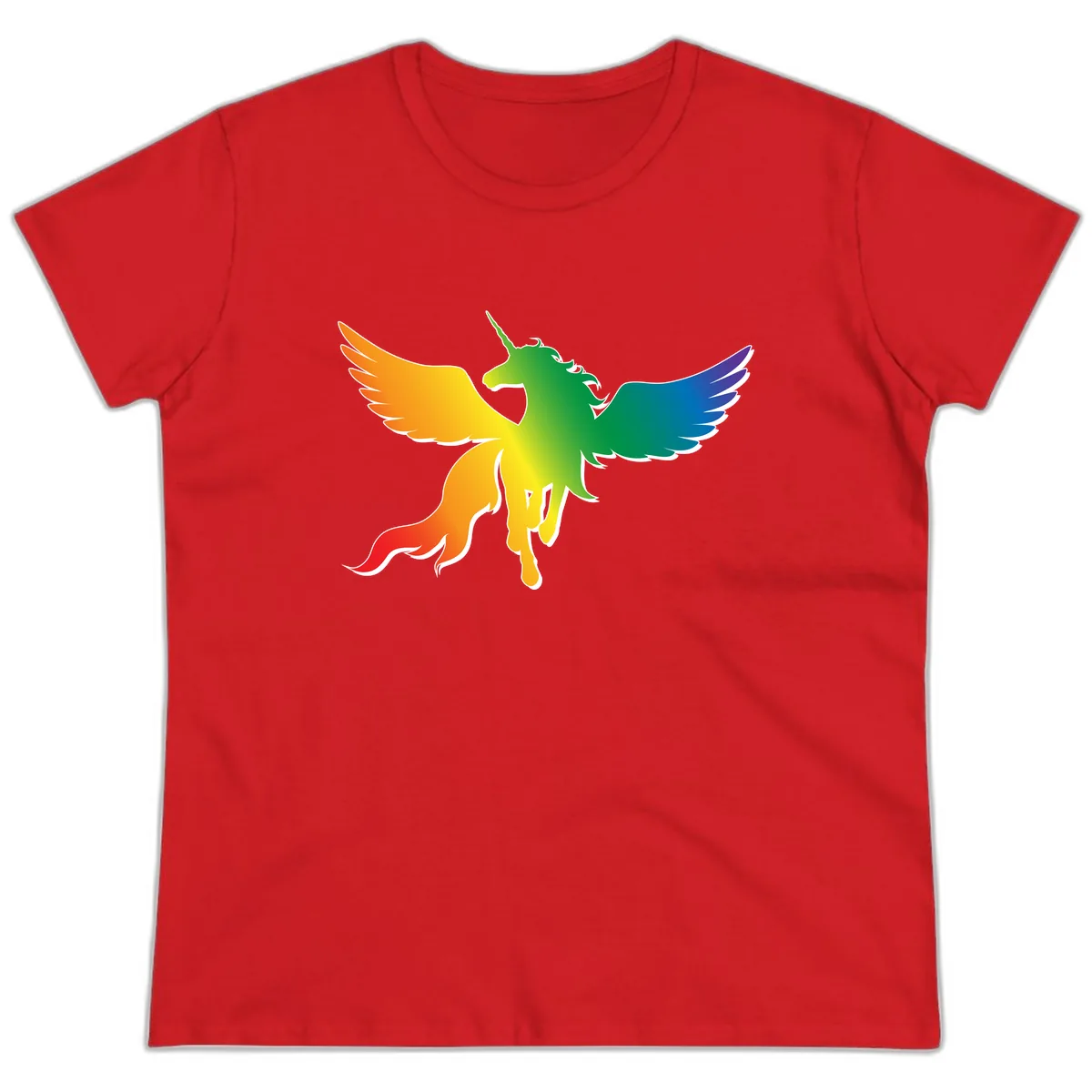 Rainbow Unicorn Pride Wings Ladies Tee in Red