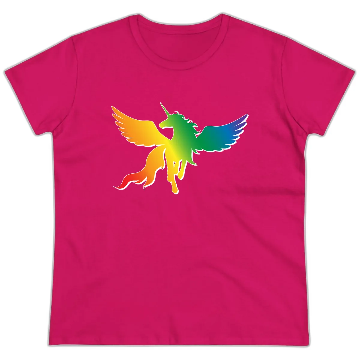 Rainbow Unicorn Pride Wings Ladies Tee in Heliconia