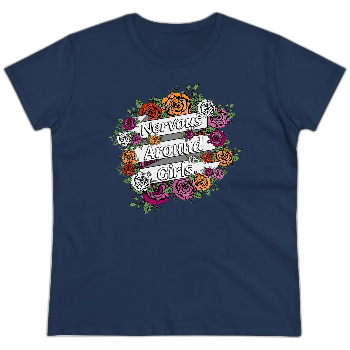 Nervous Around Girls Ladies Tee in Navy