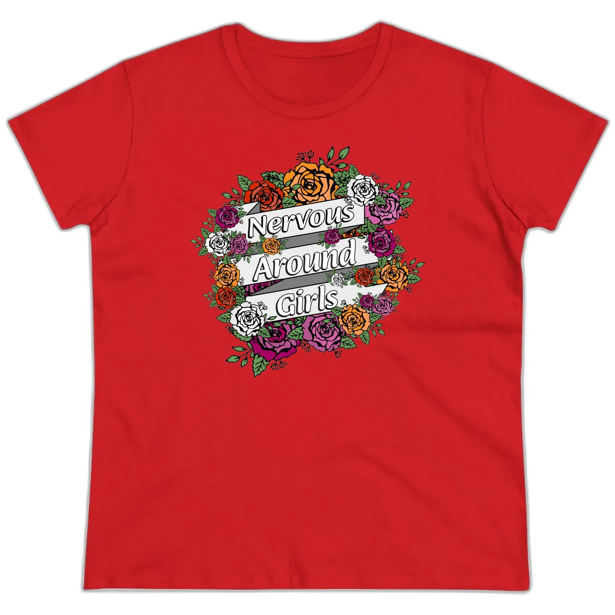 Nervous Around Girls Ladies Tee in Red