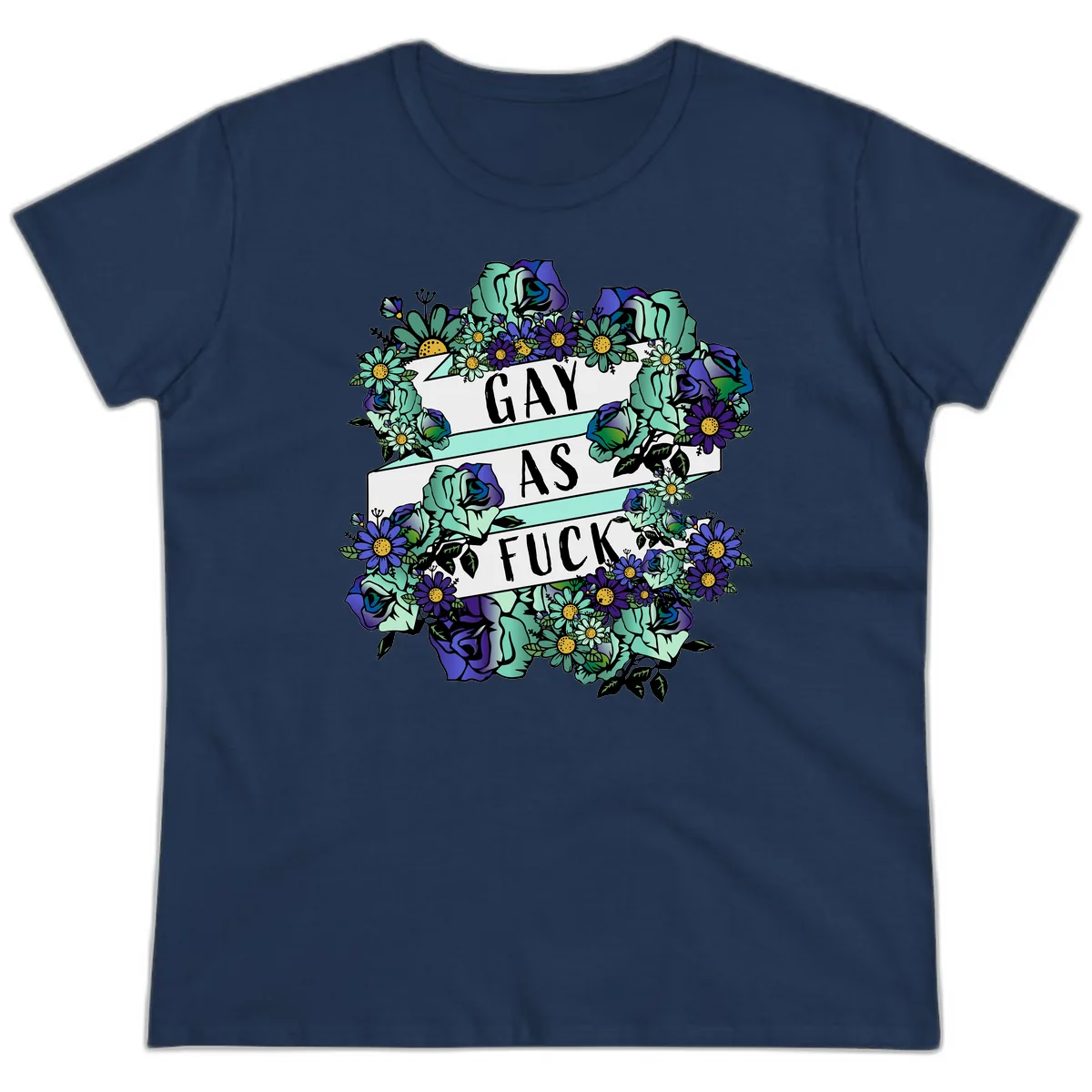 Gay As Fuck Floral Pride Ladies Tee in Navy