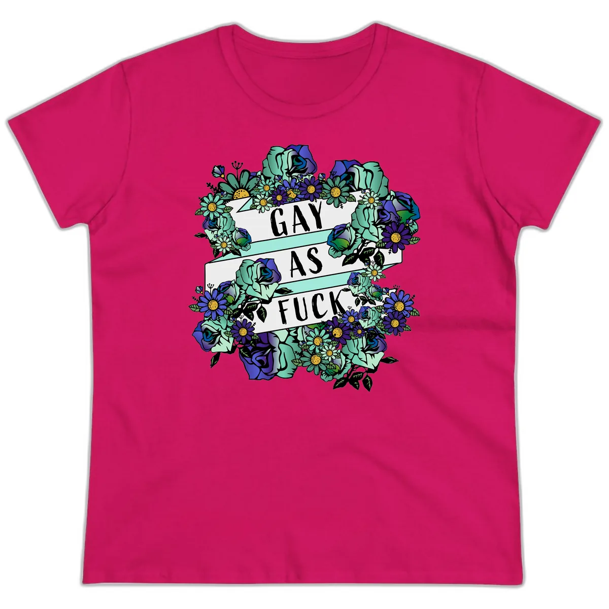 Gay As Fuck Floral Pride Ladies Tee in Heliconia