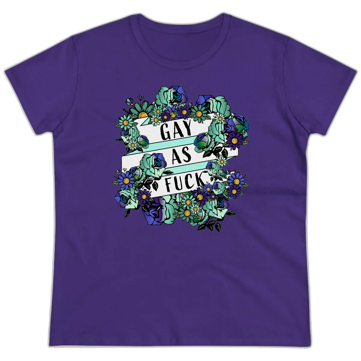 Gay As Fuck Floral Pride Ladies Tee in Purple