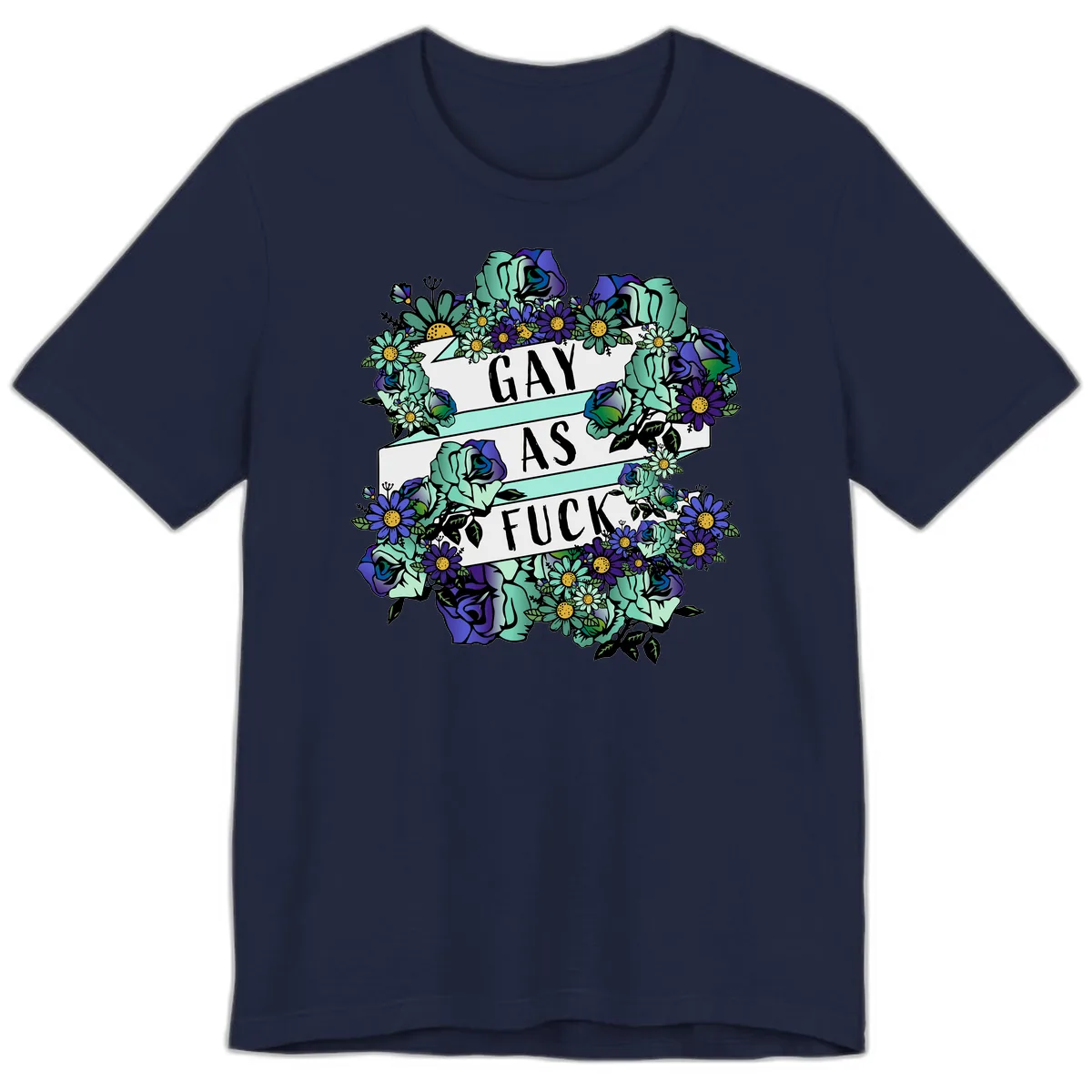 Gay As Fuck Floral Pride Premium T-Shirt in Navy