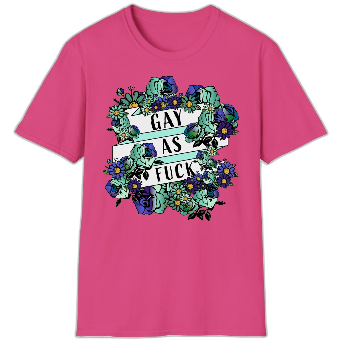 Gay As Fuck Floral Pride T-Shirt in Heliconia