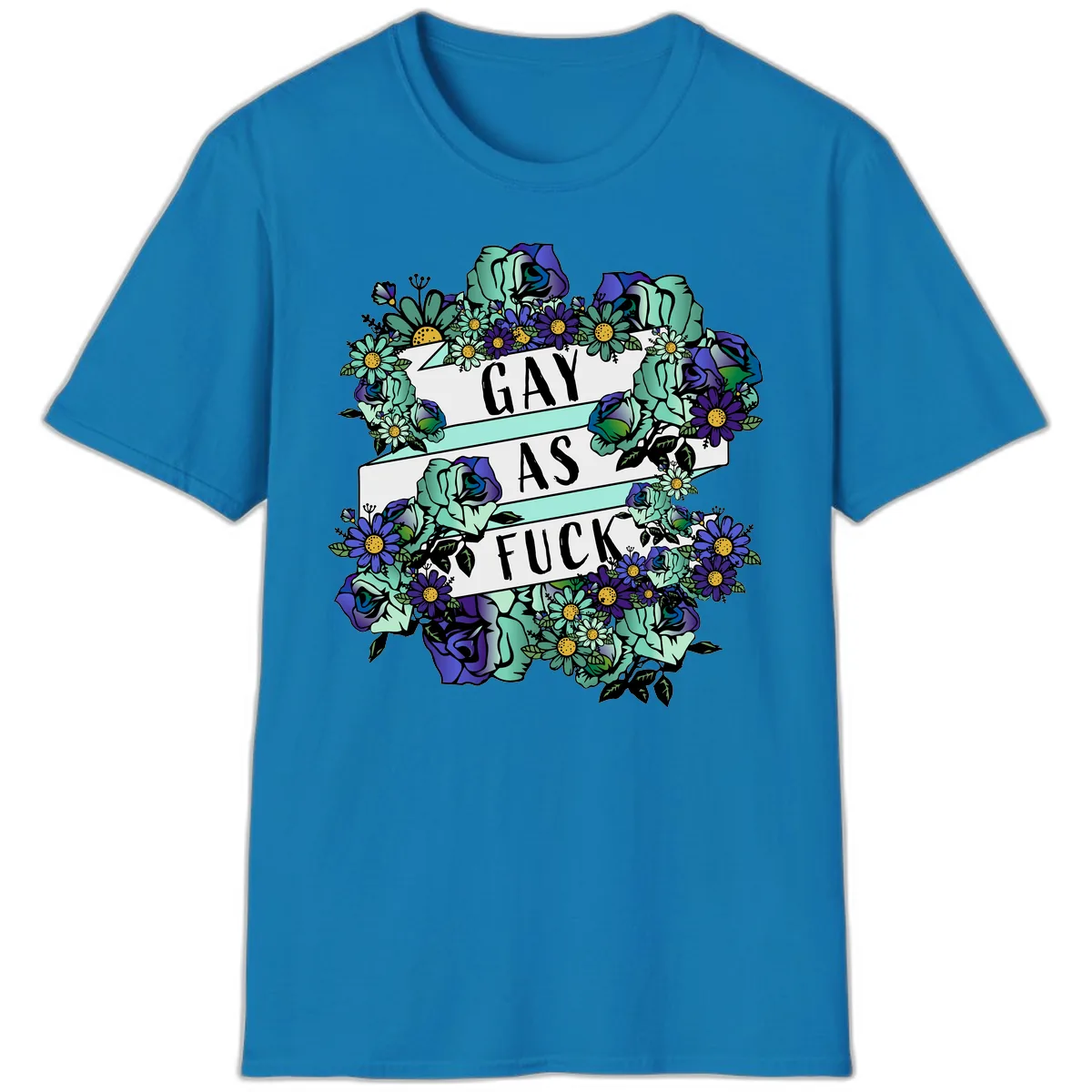 Gay As Fuck Floral Pride T-Shirt in Sapphire