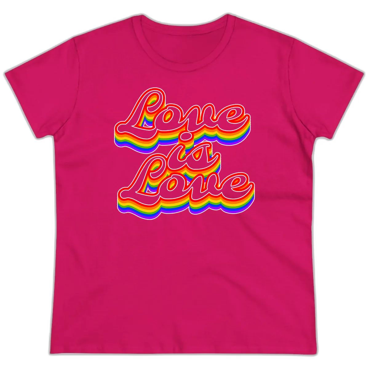 Love is Love Pride Rainbow Ladies Tee in Heliconia