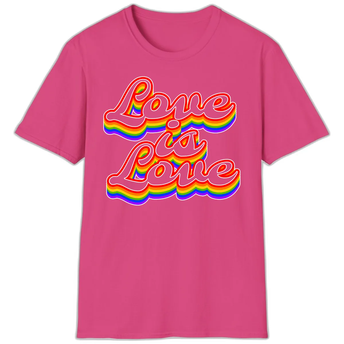 Love is Love Pride Rainbow T-Shirt in Heliconia