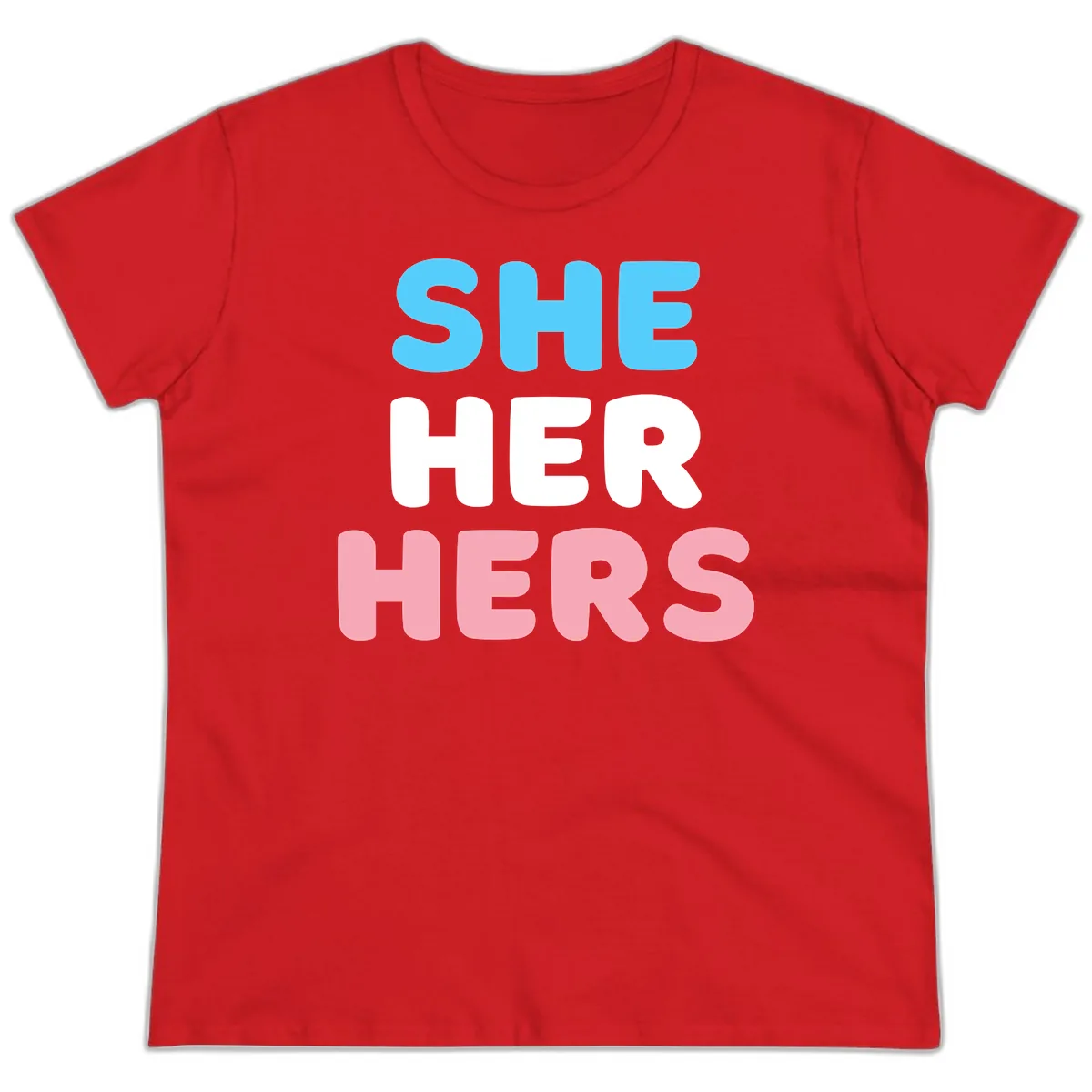 She Her Hers Pride Pronouns Ladies Tee in Red