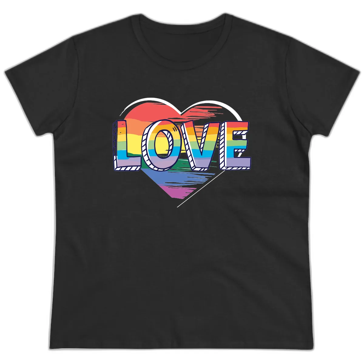 Love Pride Heart Rainbow Ladies Tee in Black
