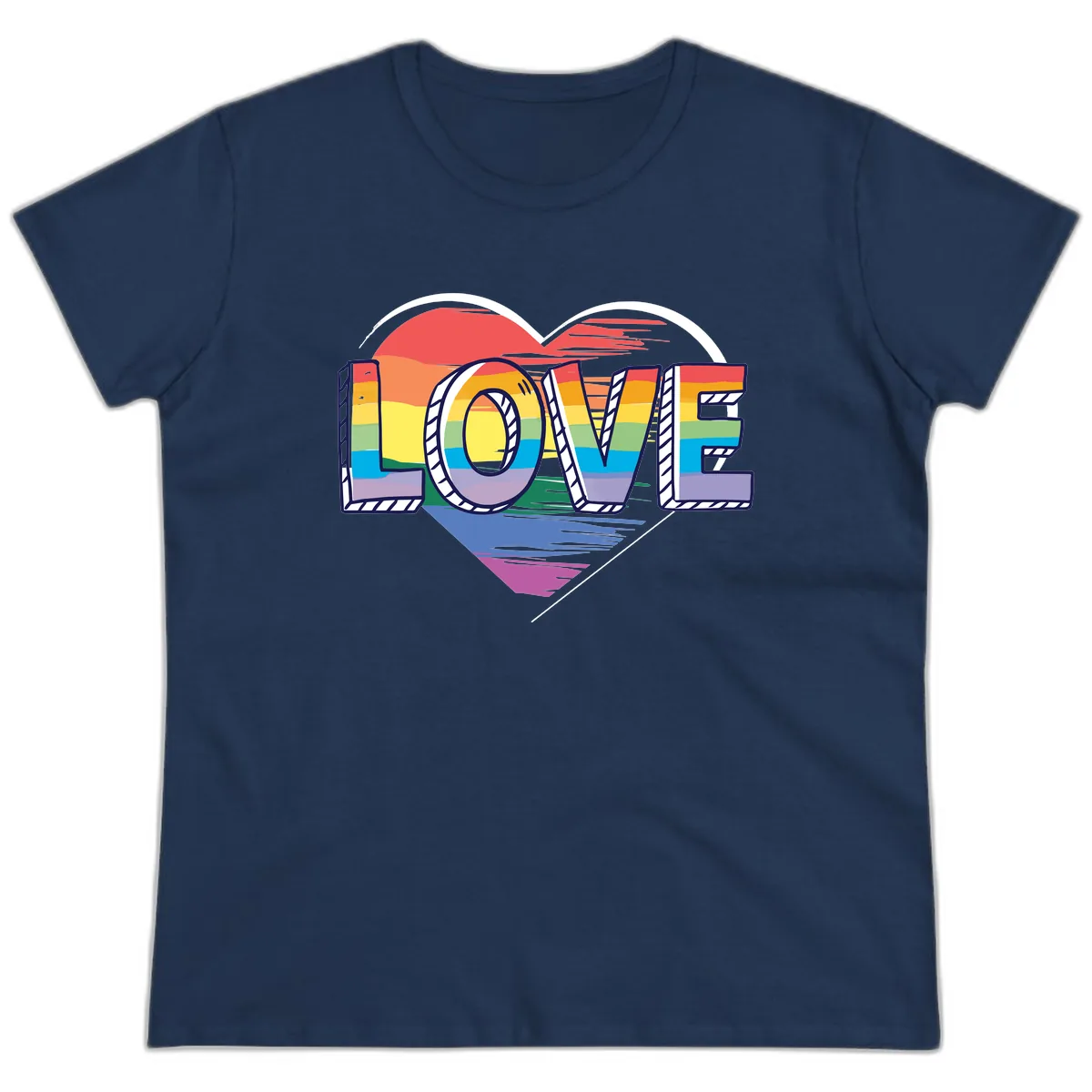 Love Pride Heart Rainbow Ladies Tee in Navy