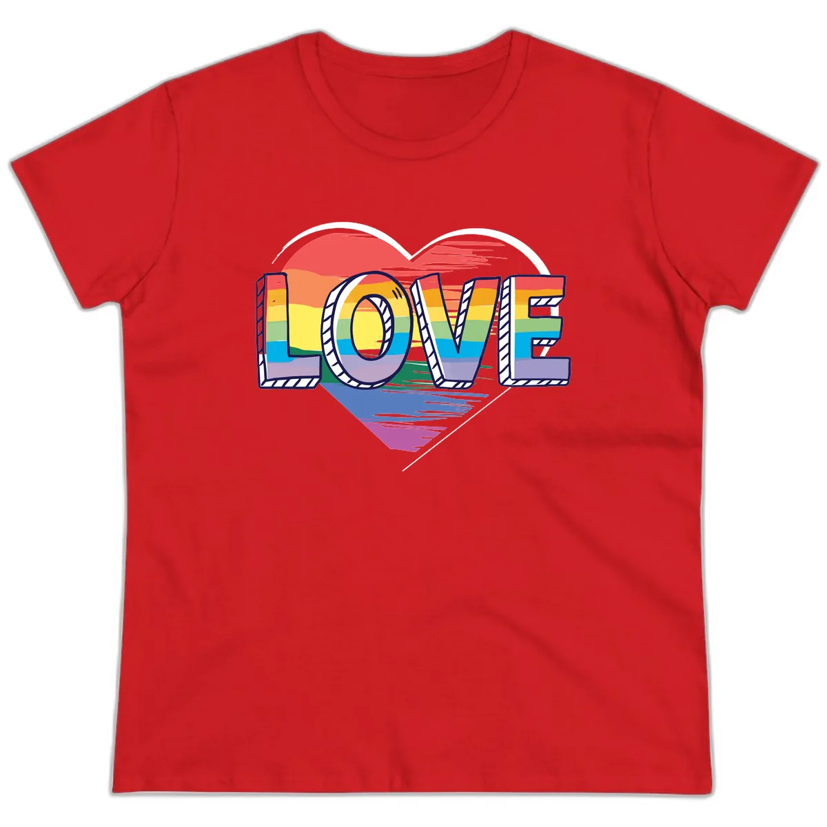 Love Pride Heart Rainbow Ladies Tee in Red