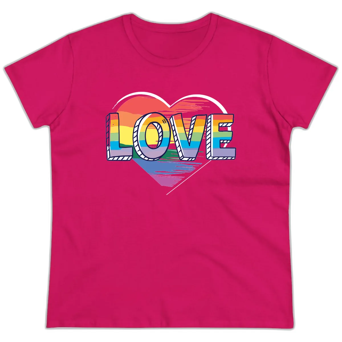 Love Pride Heart Rainbow Ladies Tee in Heliconia