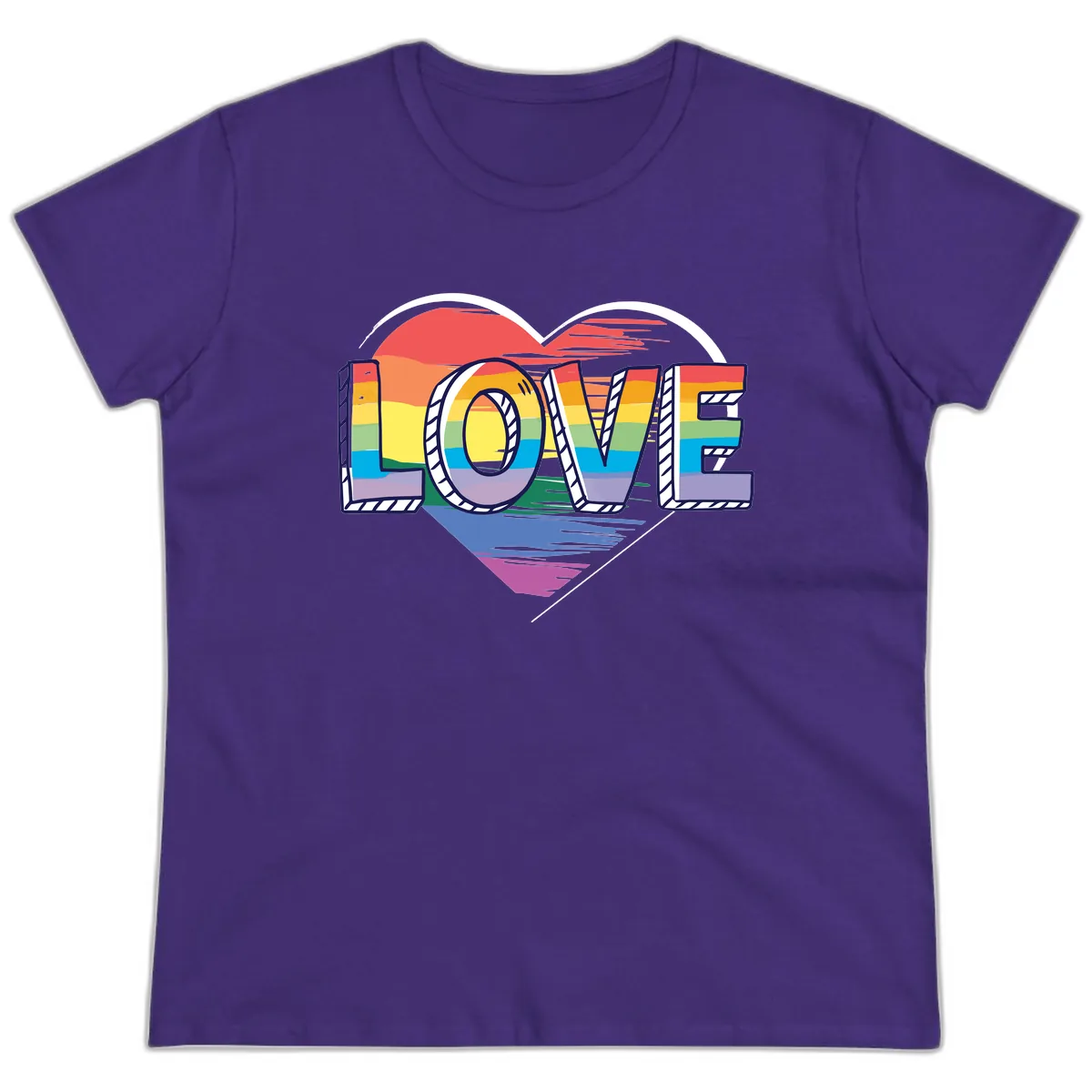 Love Pride Heart Rainbow Ladies Tee in Purple