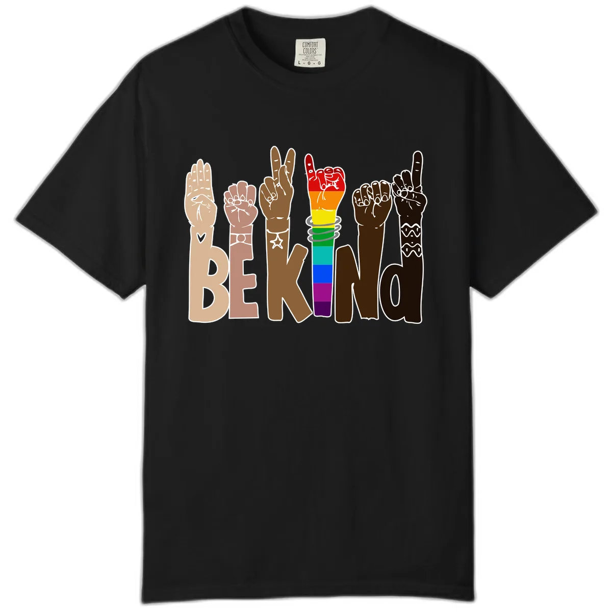 Be Kind Rainbow Hands Diversity Comfort Color in Black