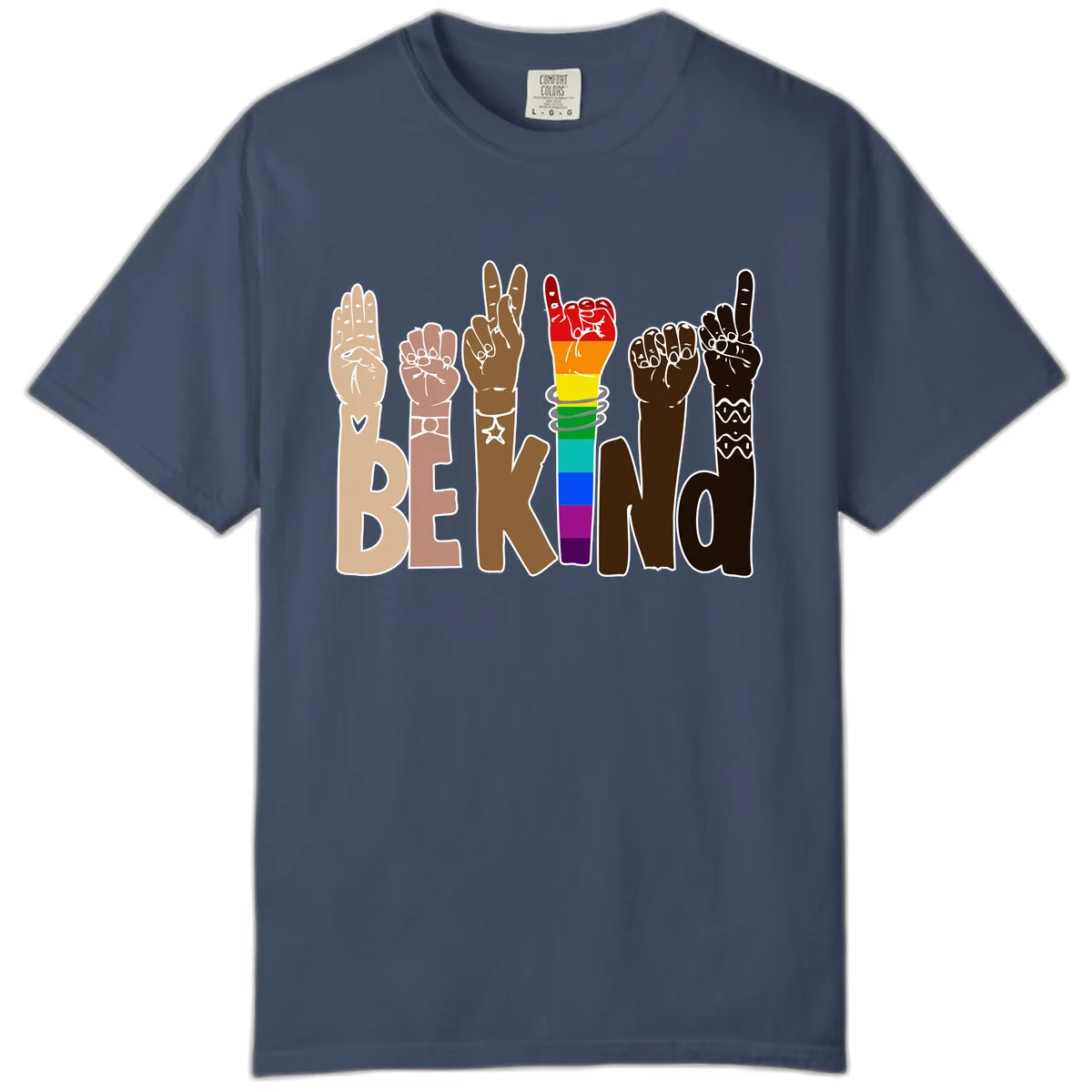Be Kind Rainbow Hands Diversity Comfort Color in Midnight