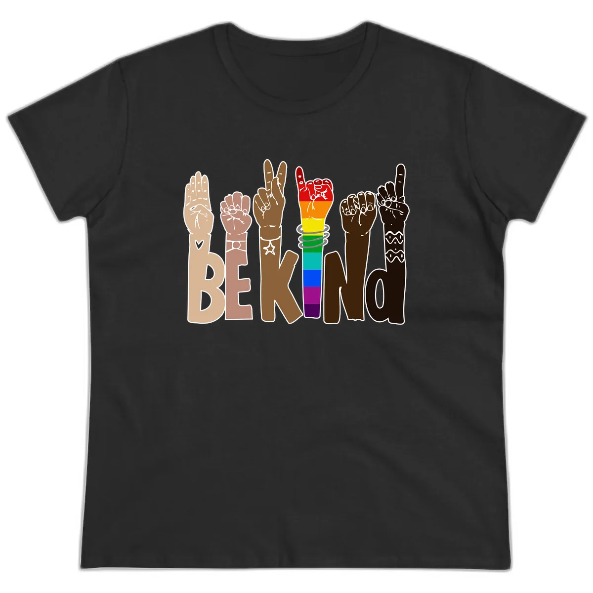 Be Kind Rainbow Hands Diversity Ladies Tee in Black