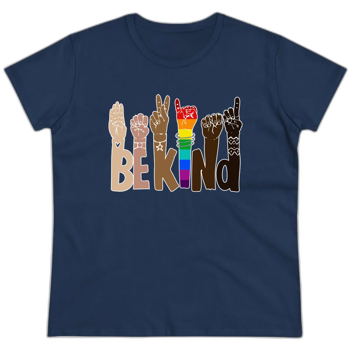 Be Kind Rainbow Hands Diversity Ladies Tee in Navy