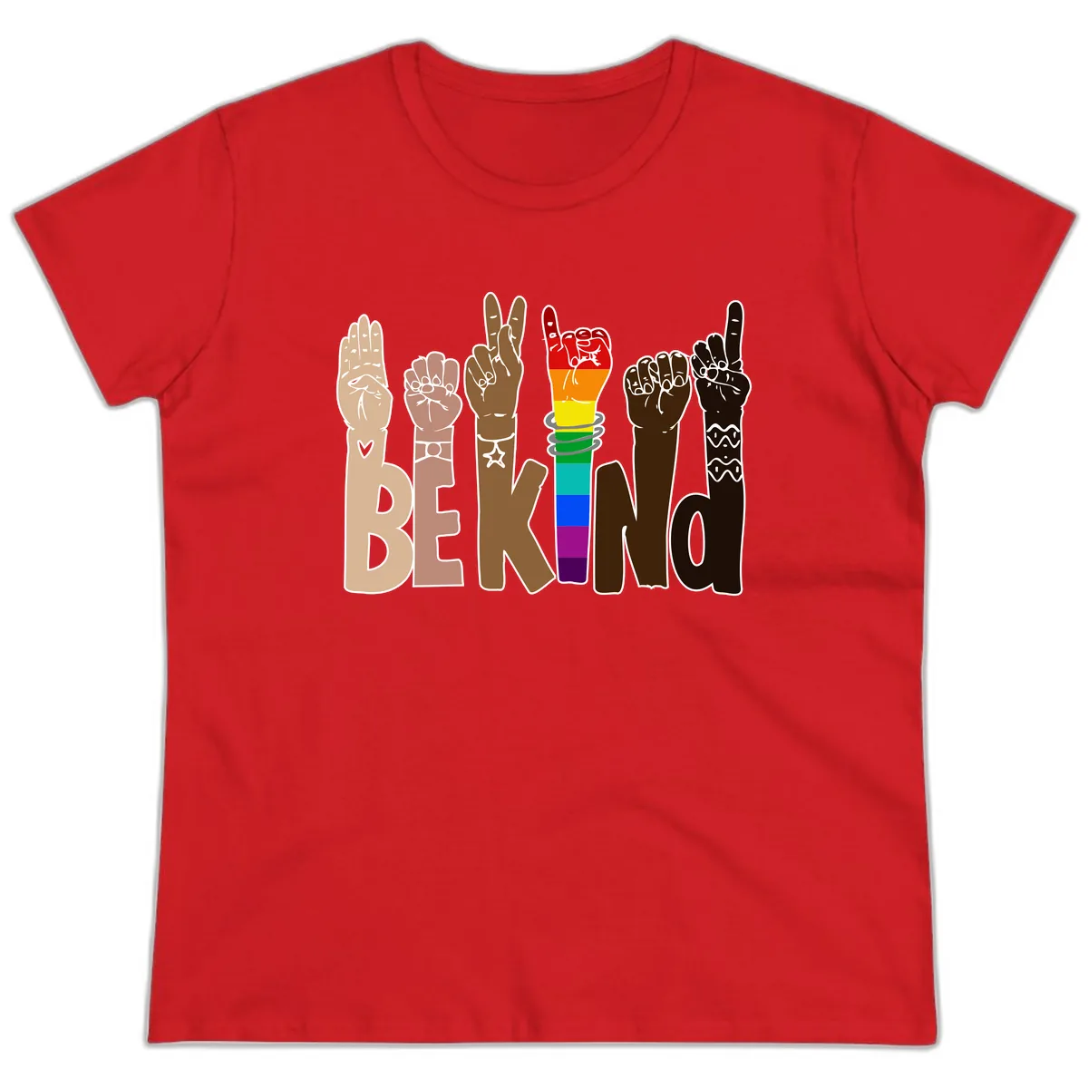 Be Kind Rainbow Hands Diversity Ladies Tee in Red